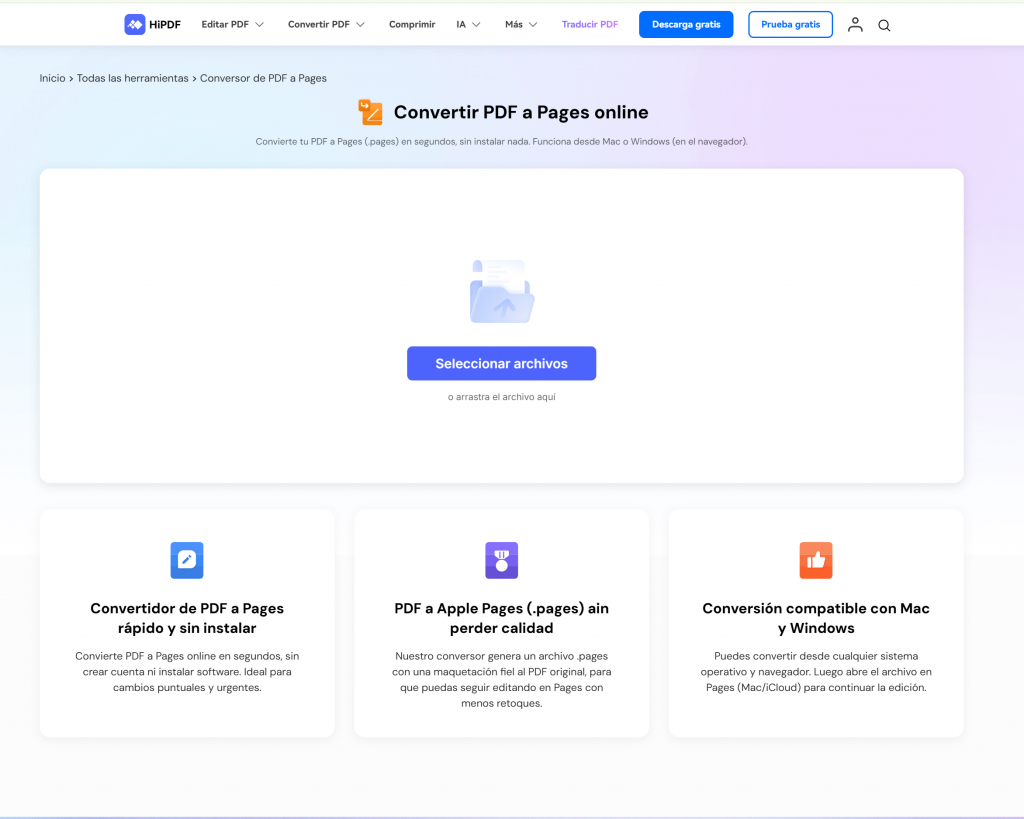 Usar un convertidor online de PDF a Pages