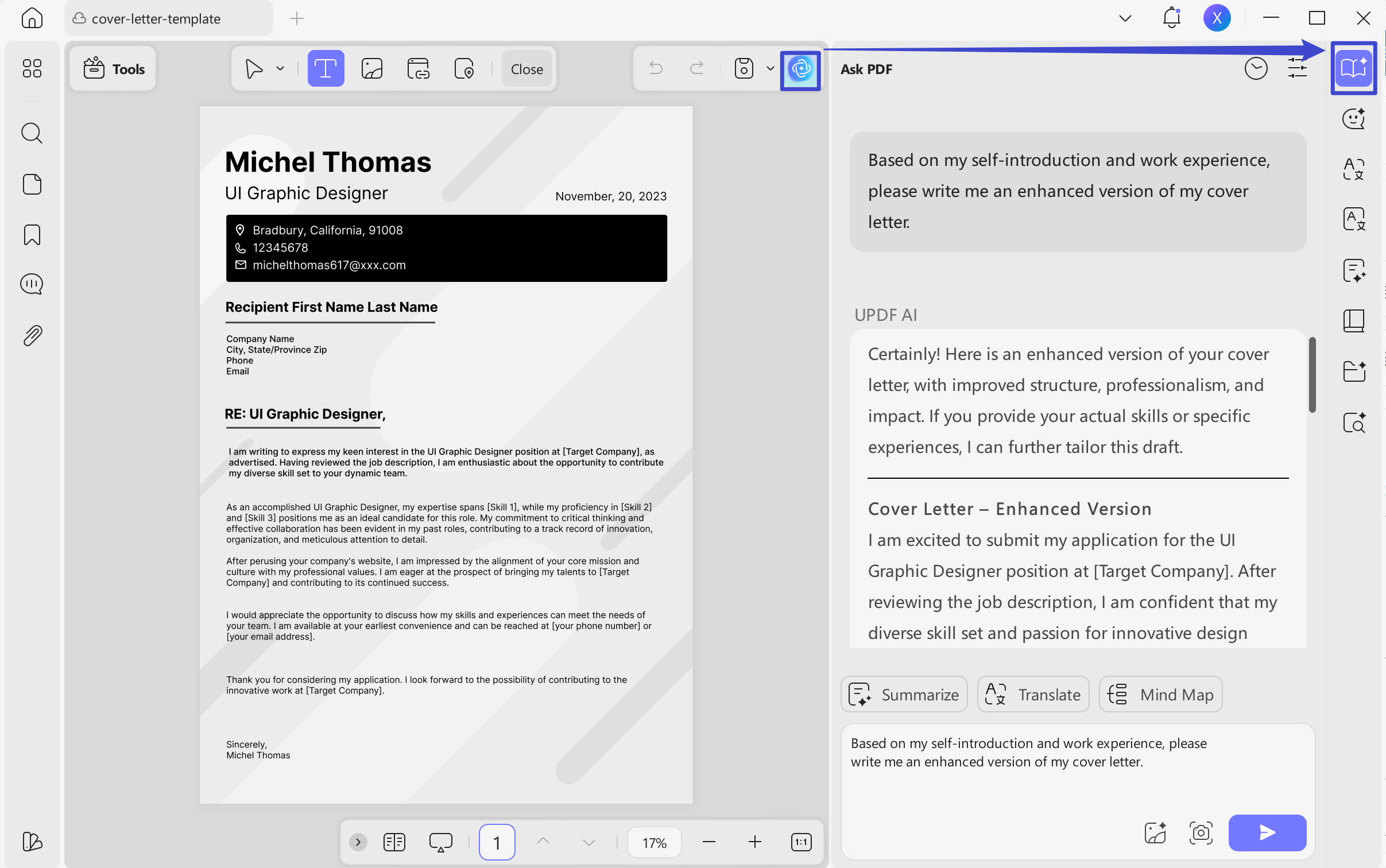 cover letter template for job application updf ai