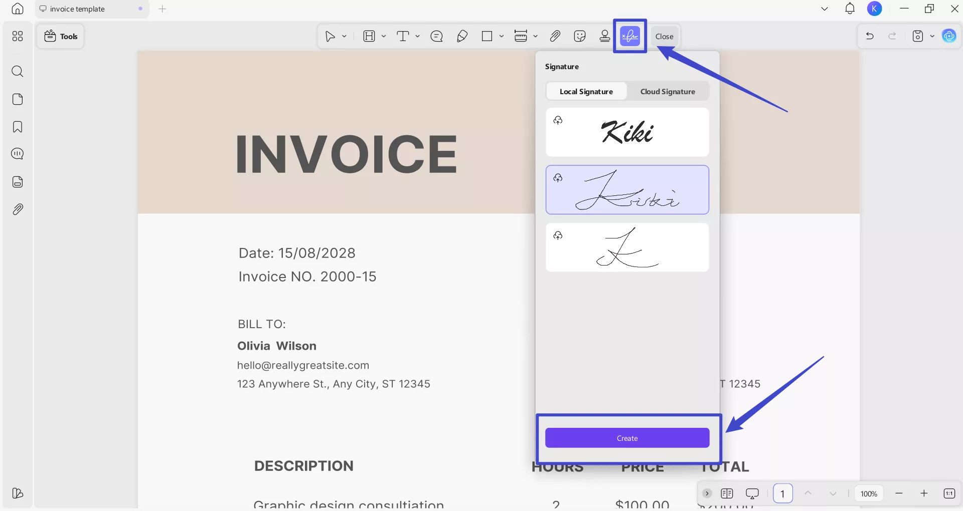 create a signature for pdf invoice