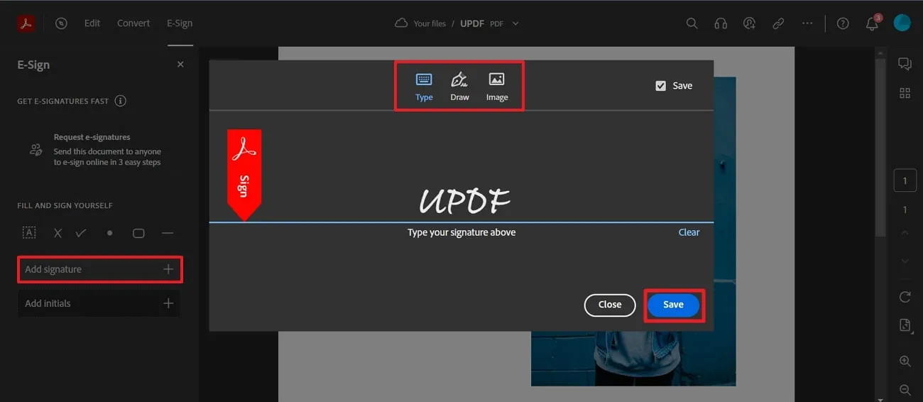 adobe digital signature type and save the sign