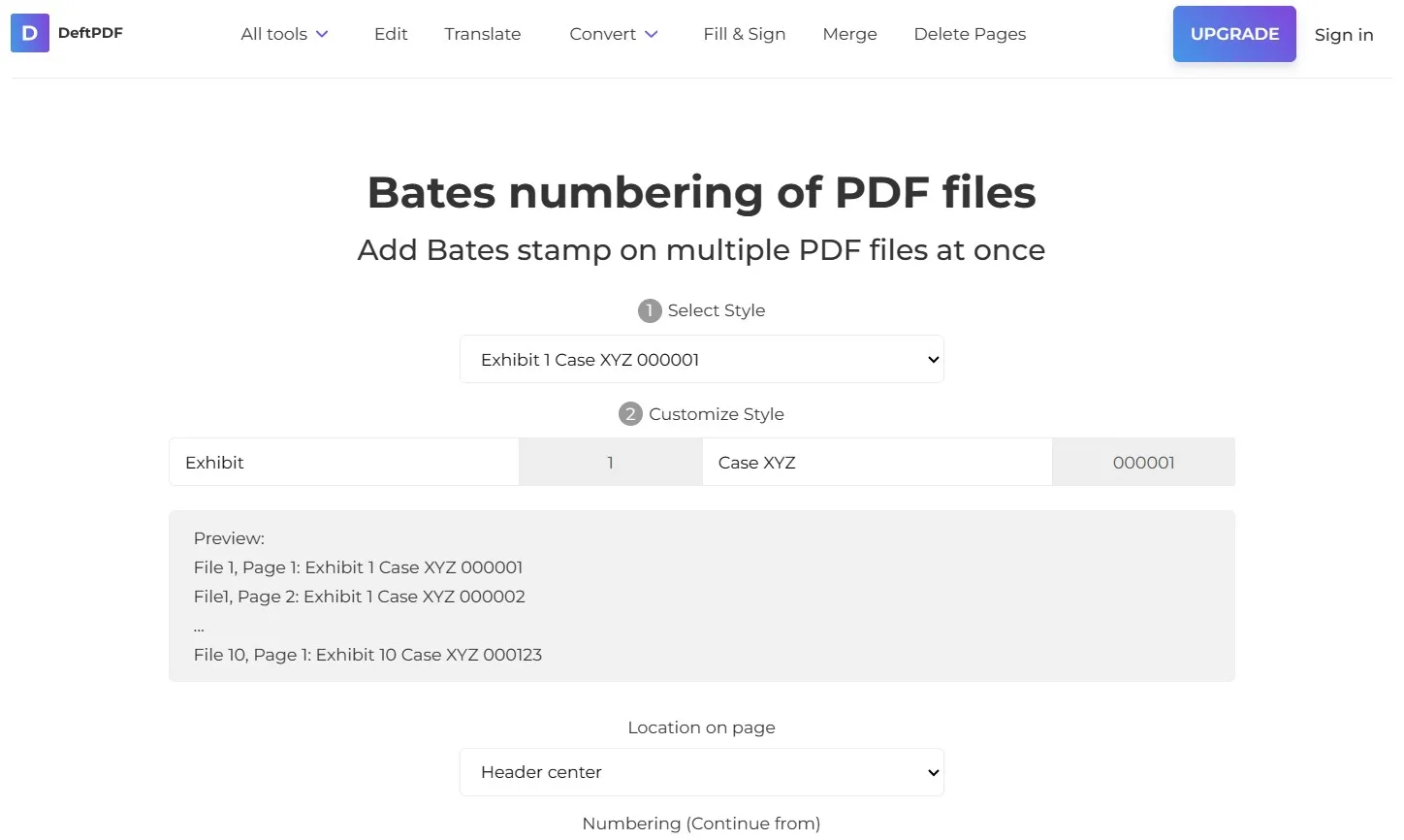 deftpdf bates numbering