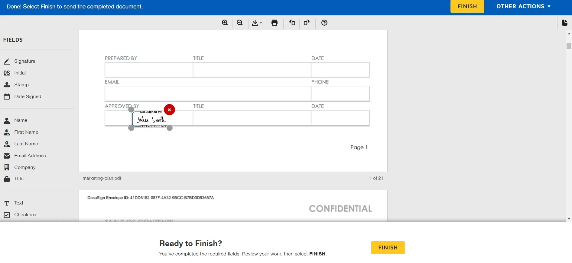 how to docusign a pdf finish button