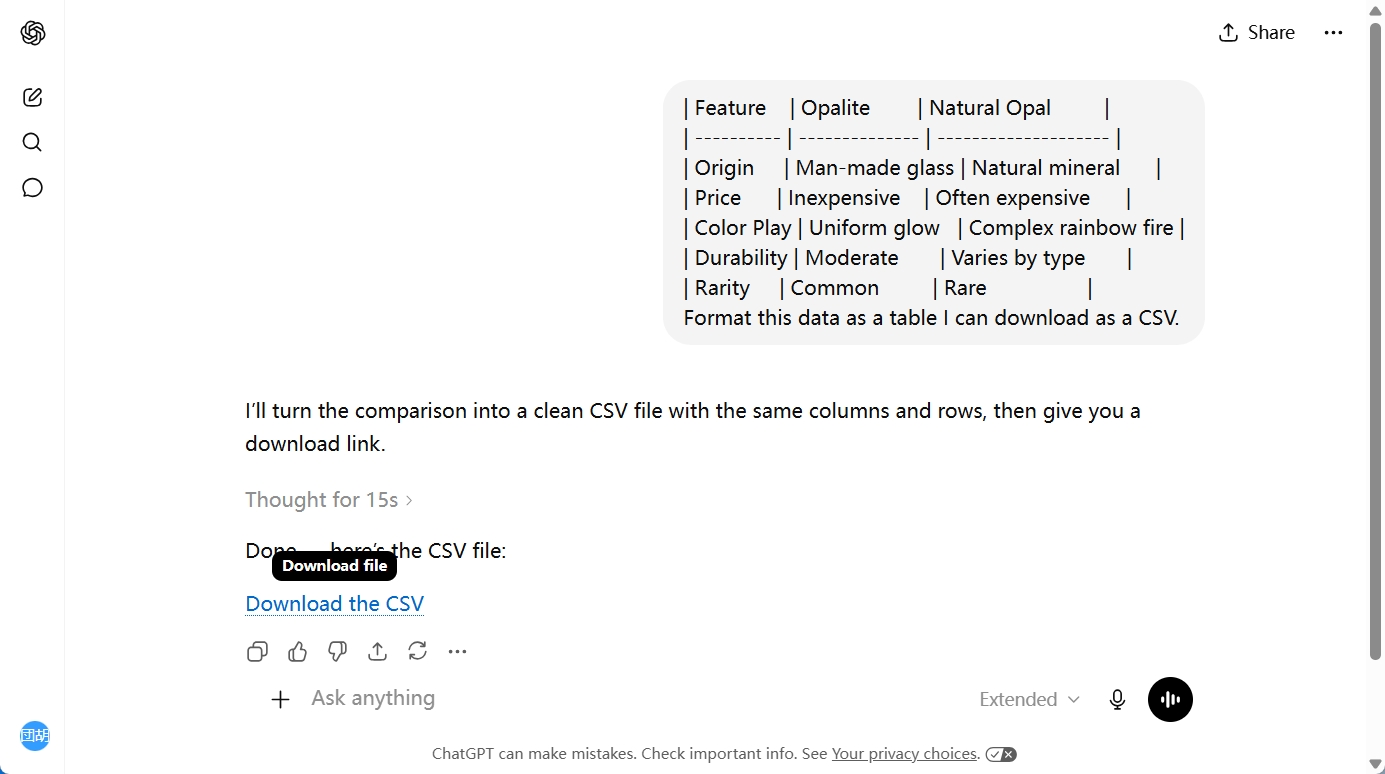 download the chatgpt conversation as csv