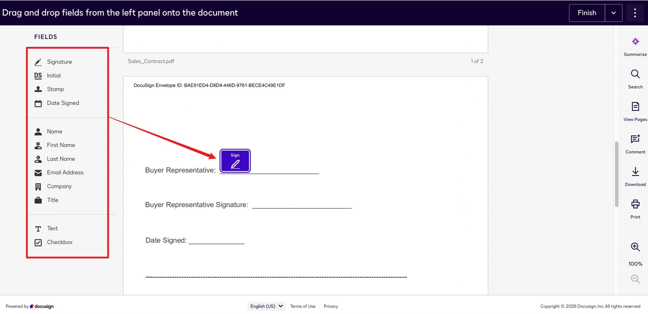 drag and drop fields from the left panel onto the document docusign