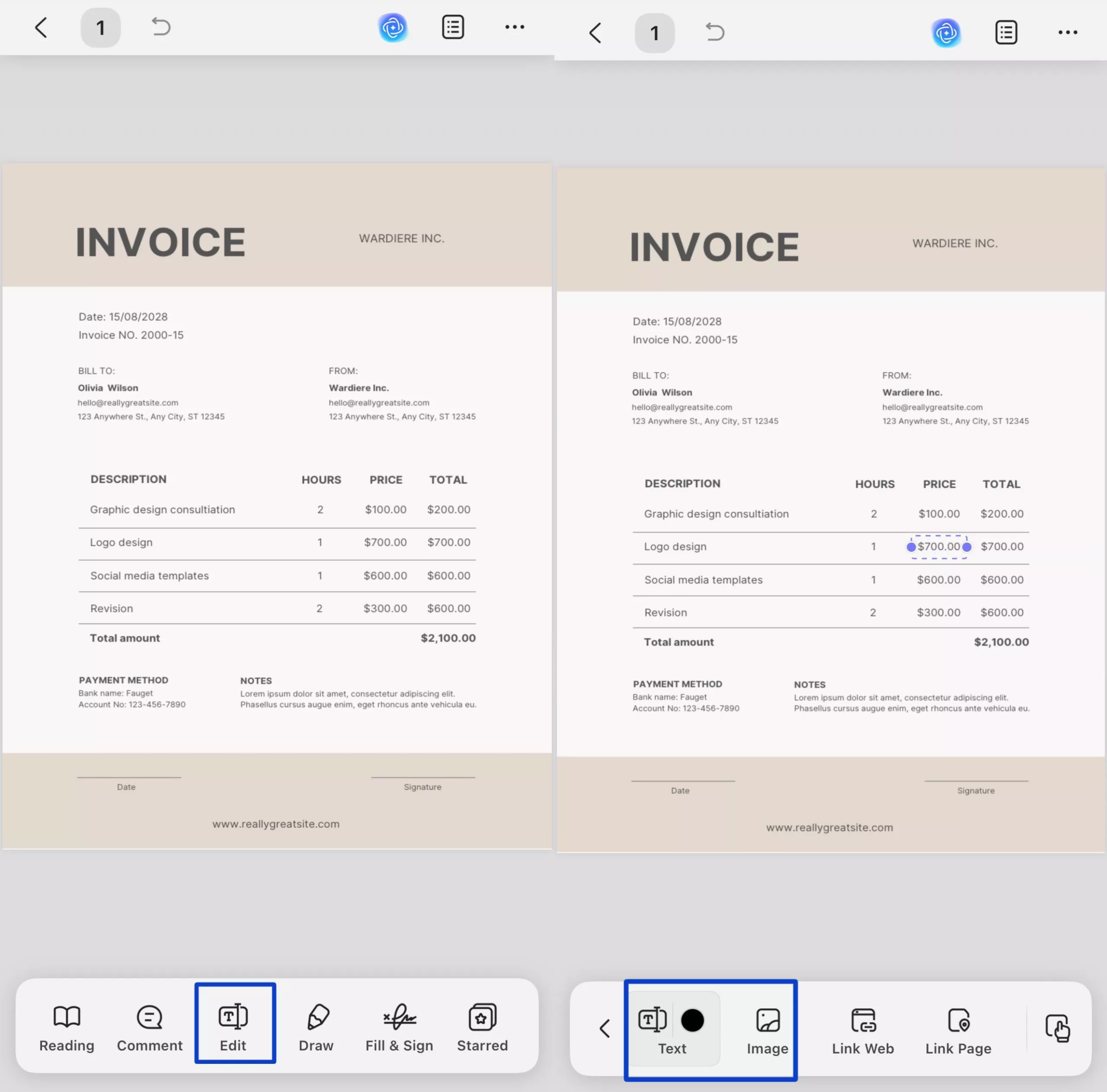 edit pdf invoice template on mobile