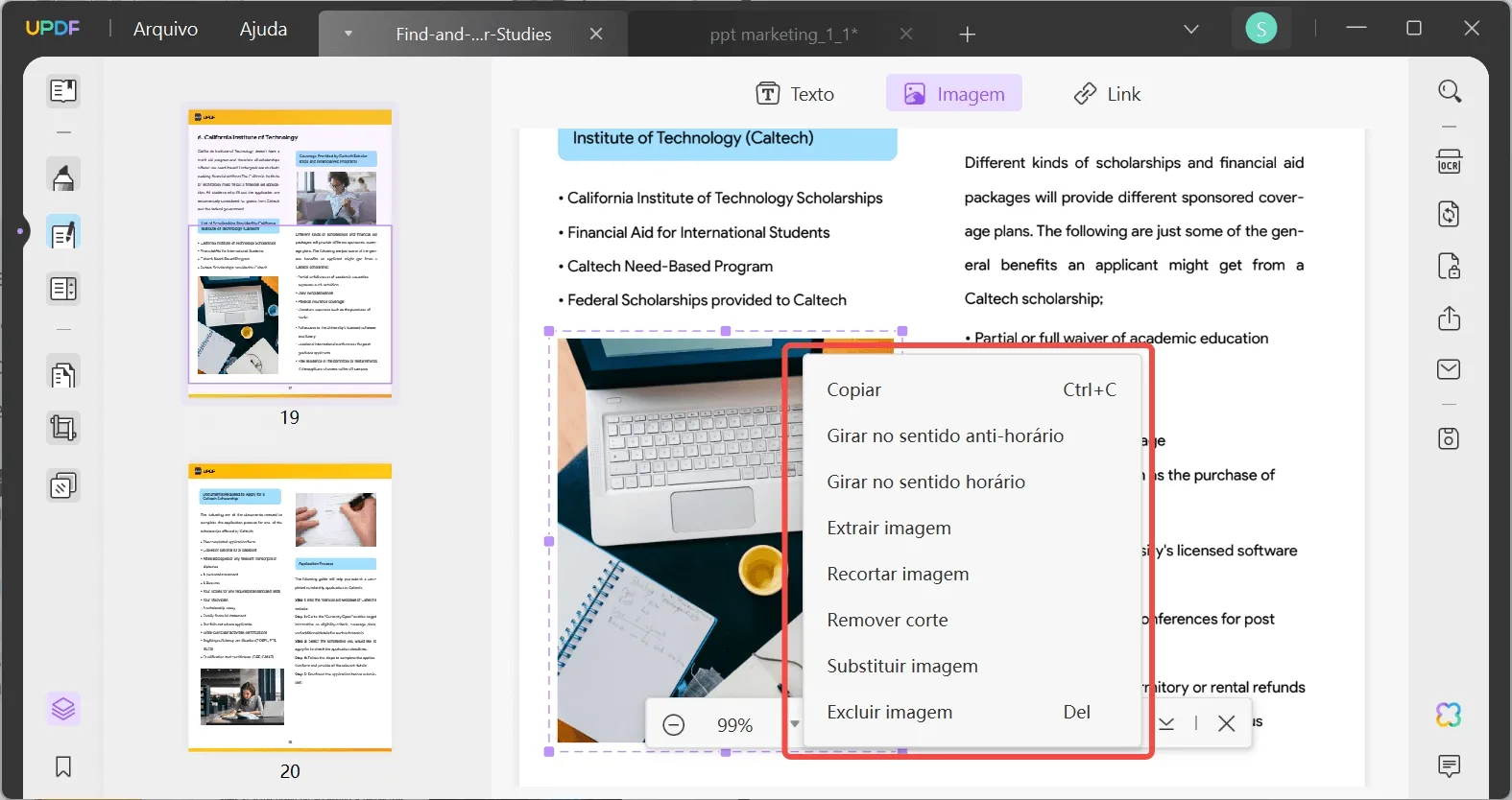 functions  after right click in editing pdf