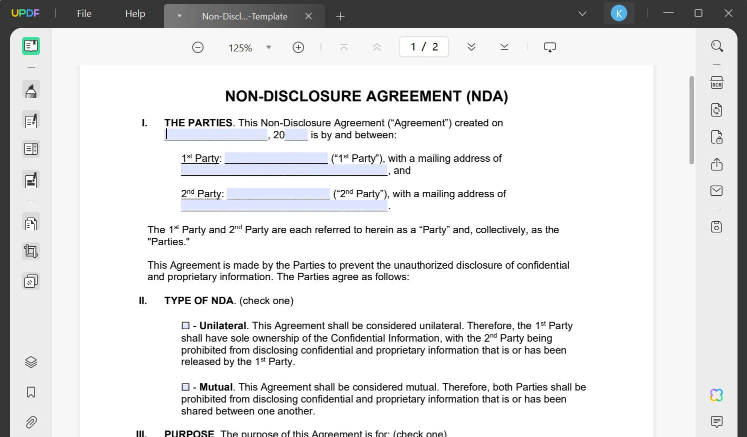 sign non disclosure agreement fill in file