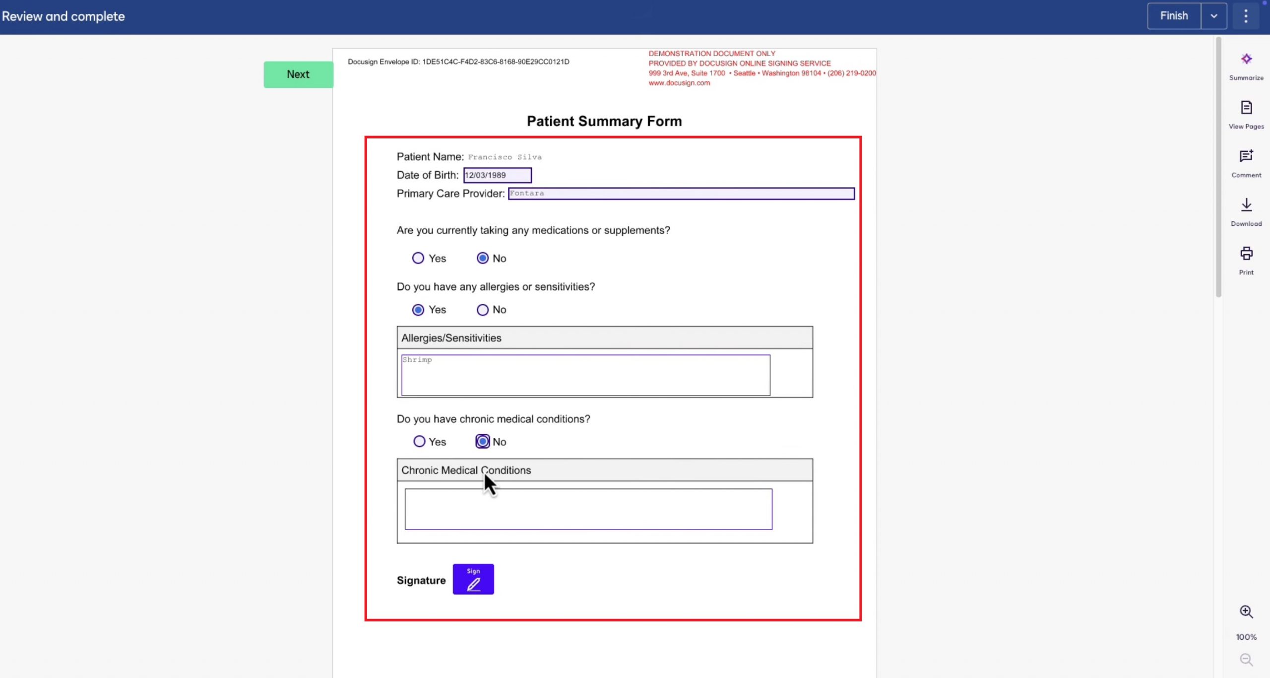 fill out the fields required by the sender