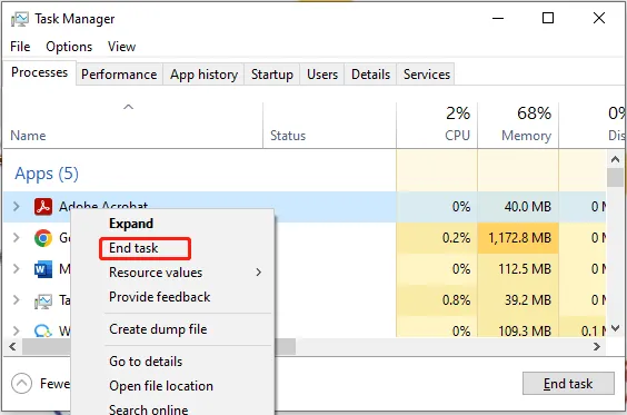 Apri il task manager e termina il processo di Adobe Acrobat