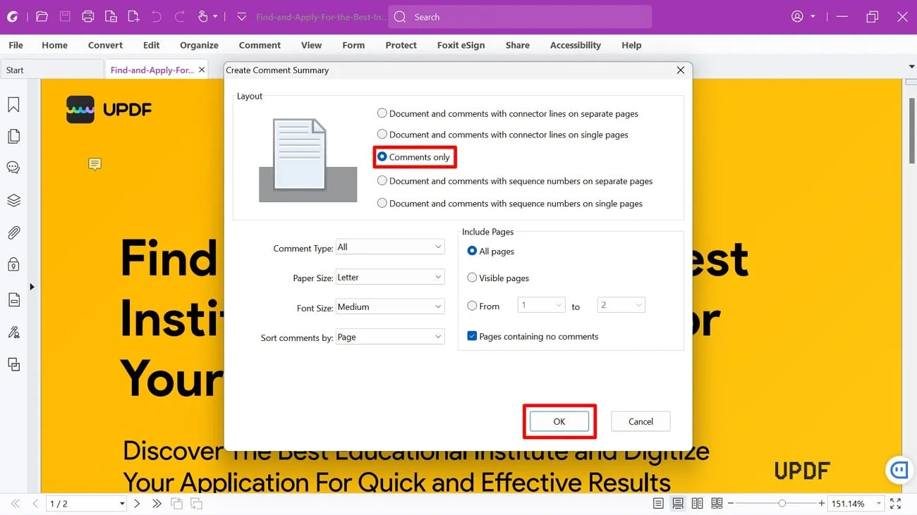 export comments from pdf to excel confirm export