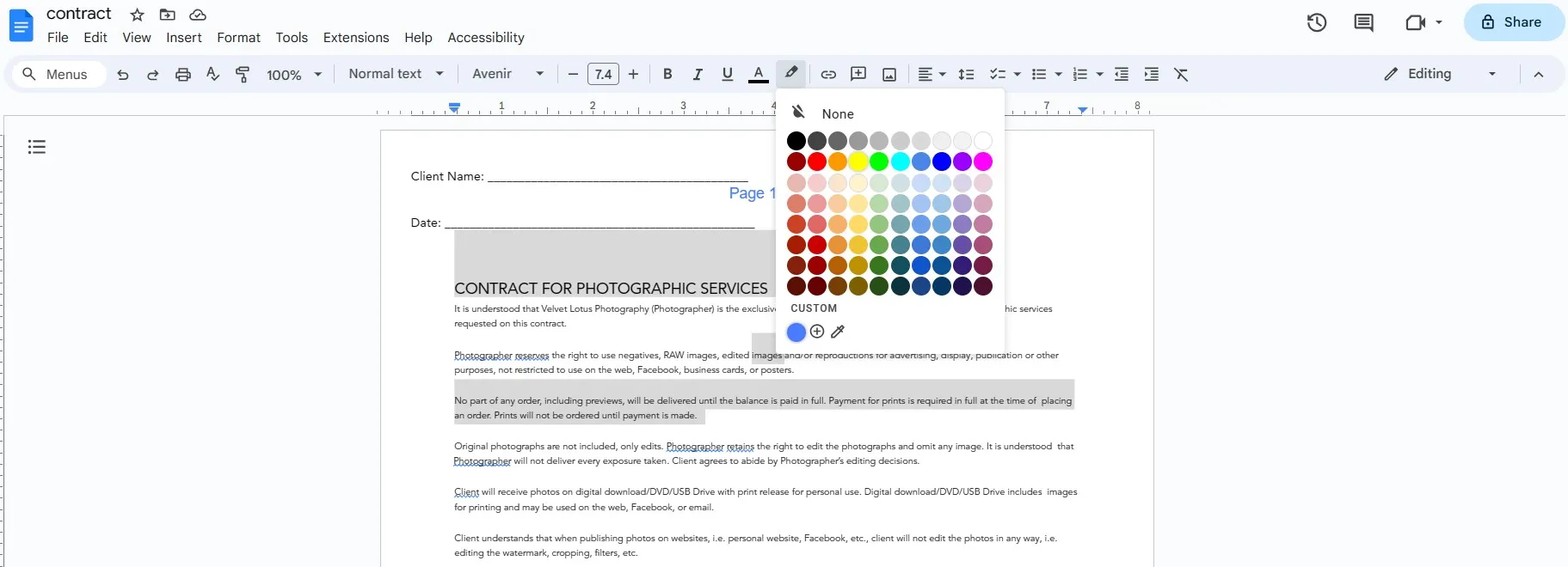 highlight color for your content in google docs
