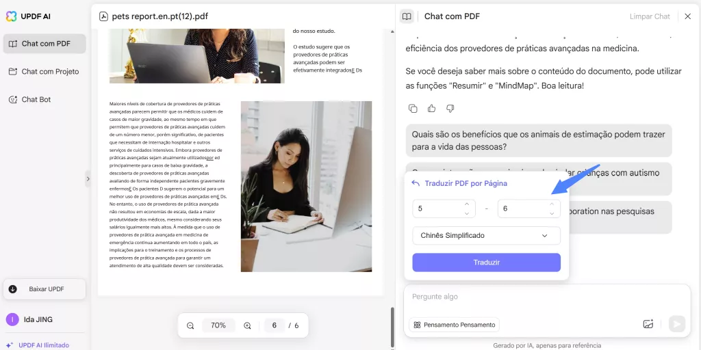 selecionar idioma e intervalo de páginas