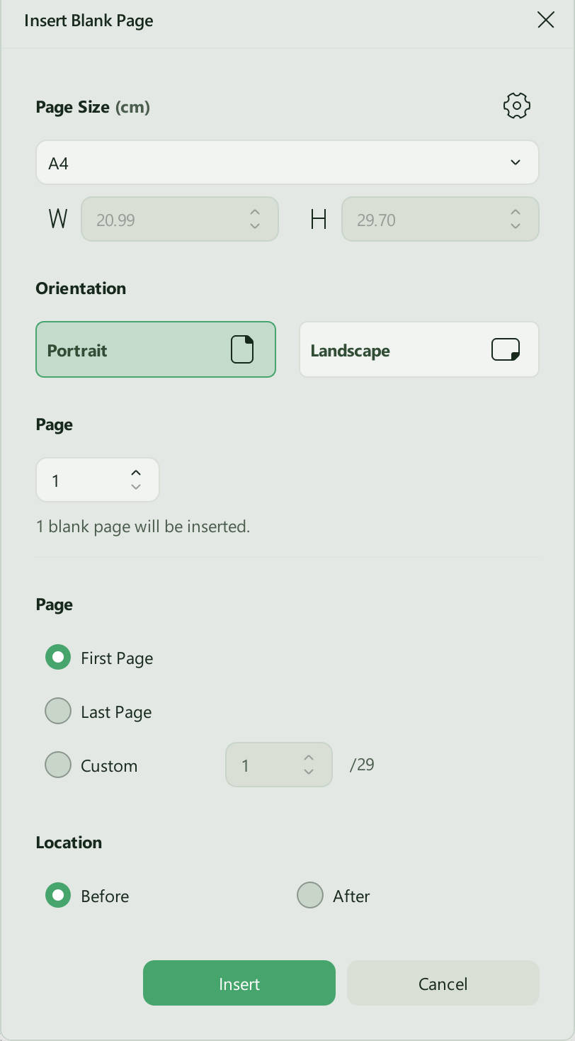 pop up window of insert blank page