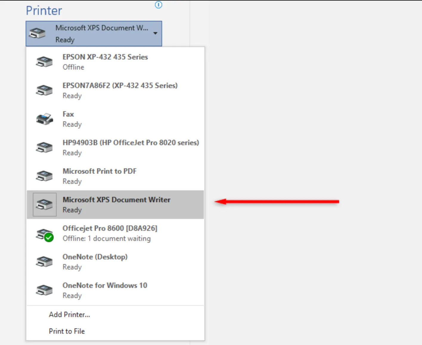 プリンターをMicrosoft XPS Document Writerに選択