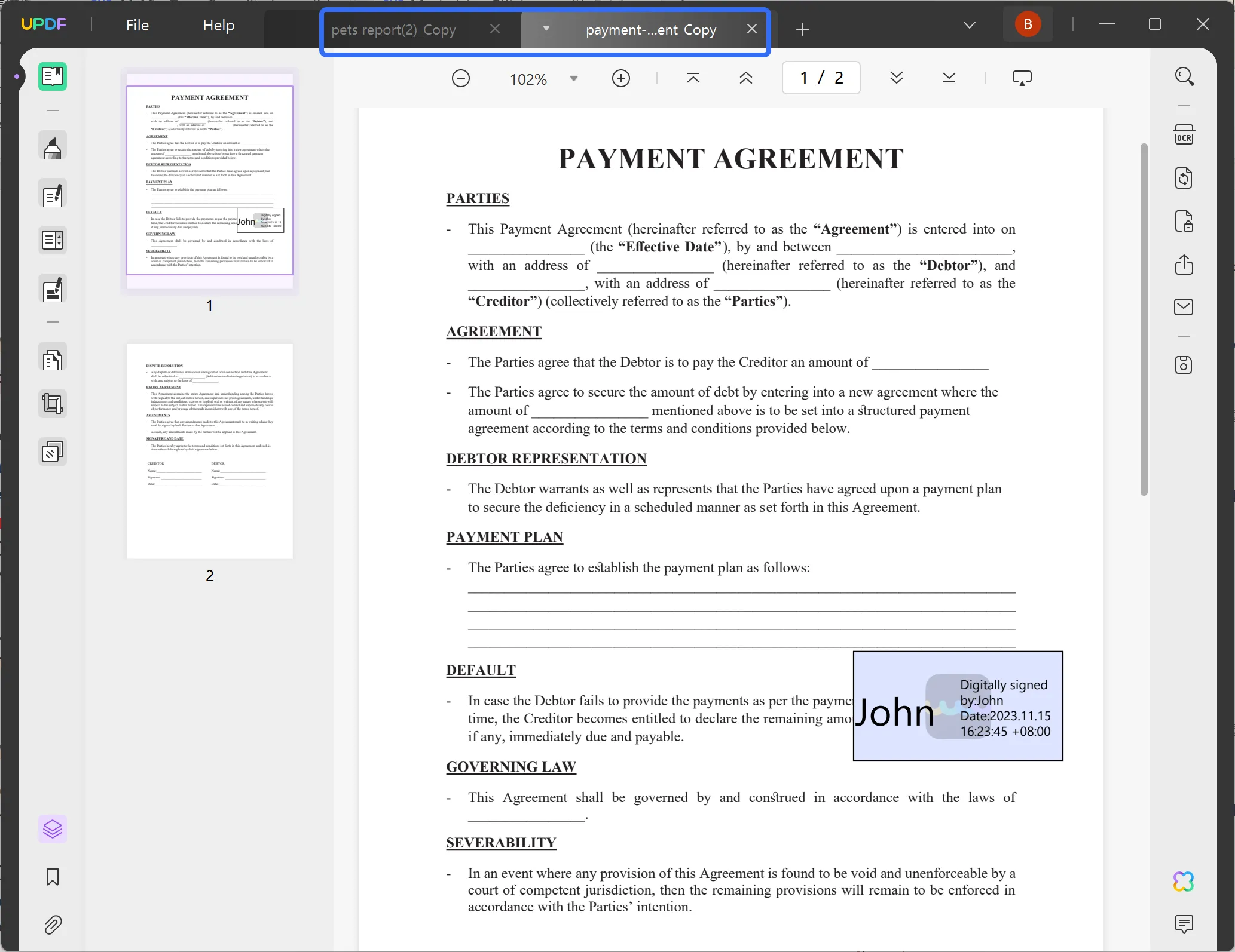 split view pdf open two files in updf