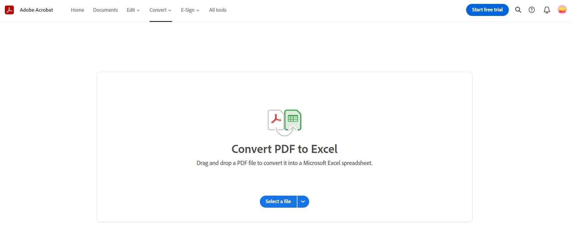 Adobe PDF vers Excel, sélectionner un fichier