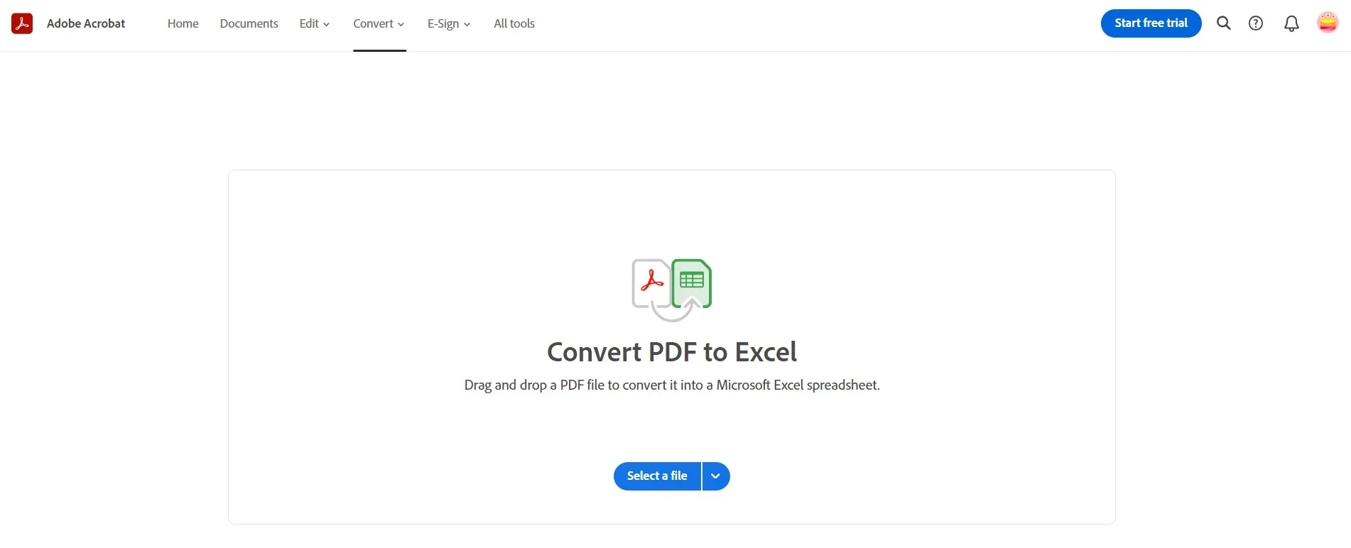 adobe pdf to excel select file