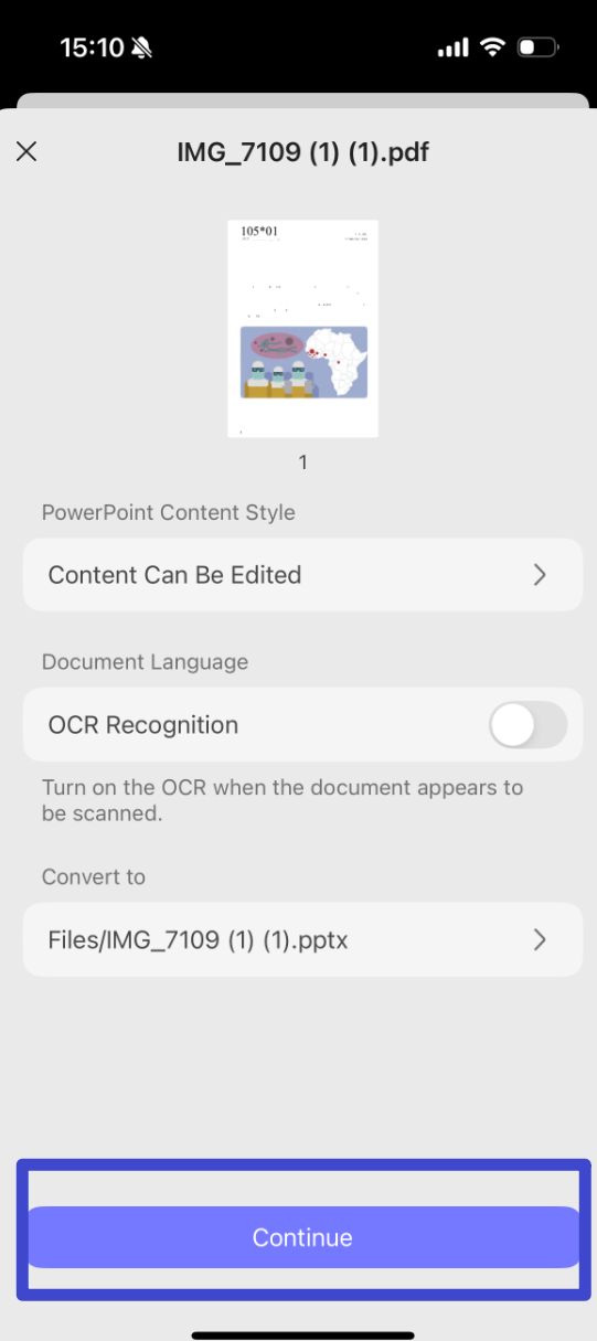 Adjust the settings according to your need, then hit "Continue" to convert the file.