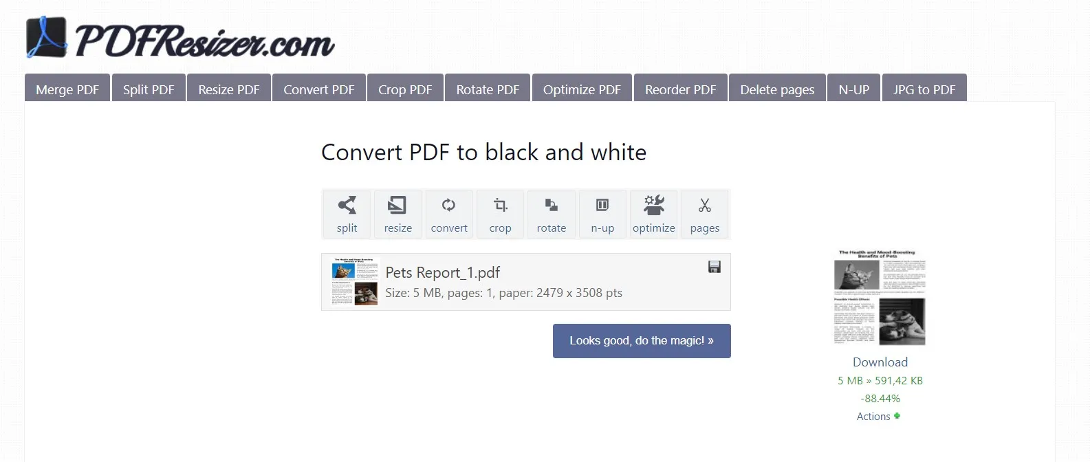 convert the pdf to black and white on pdfresizer.com