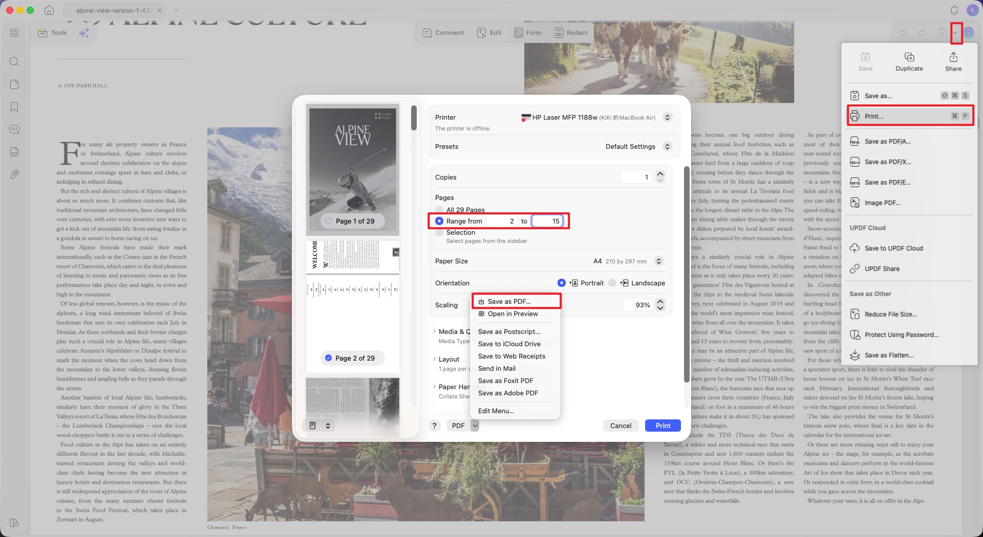 print settings updf on mac