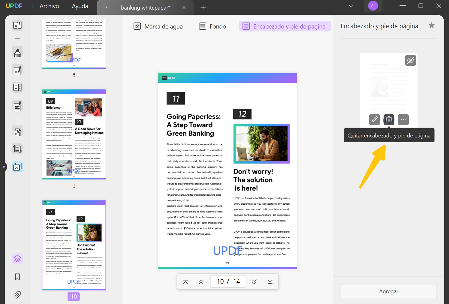 eliminar encabezado y pie de página en pdf en línea