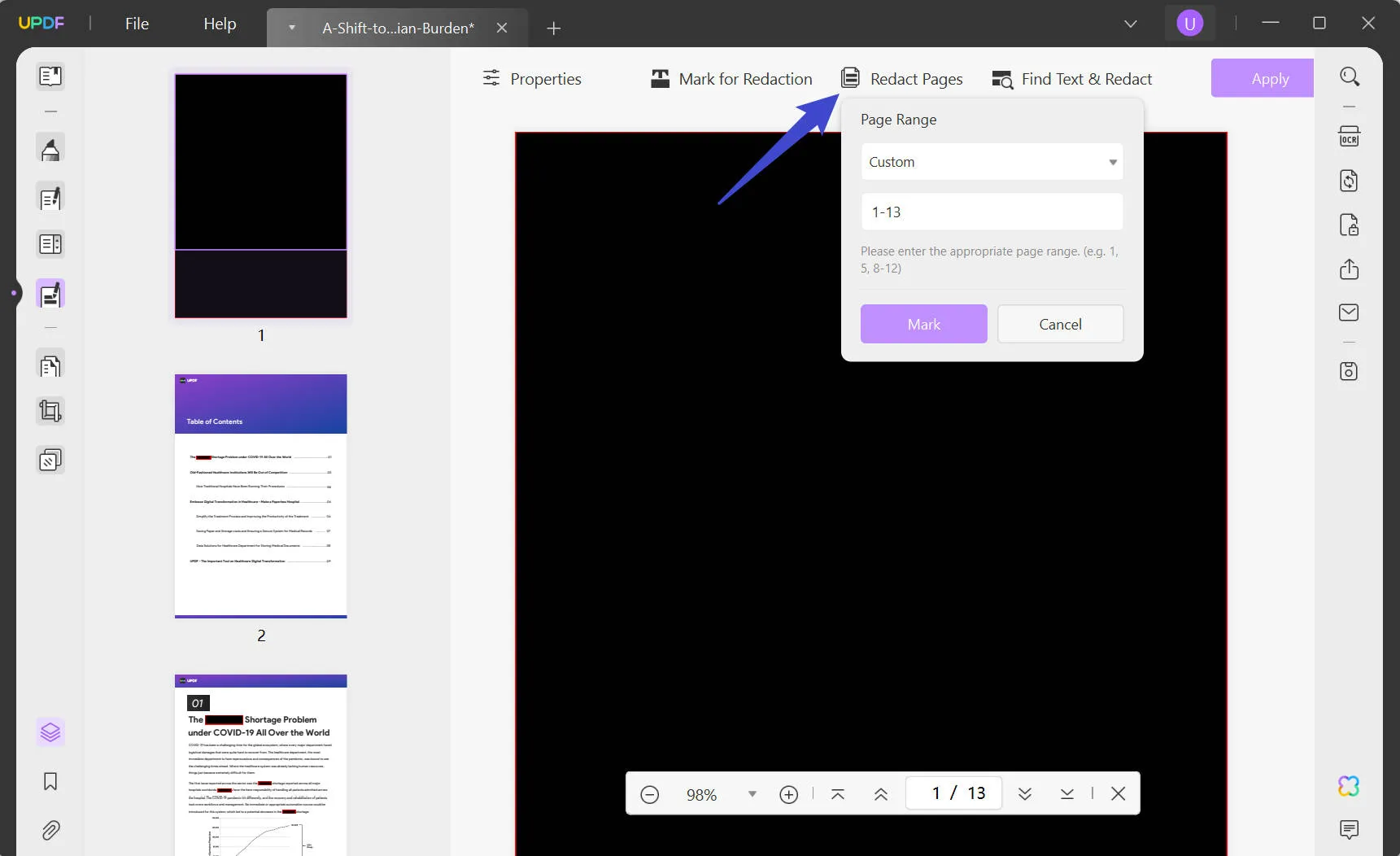 redact pages in updf