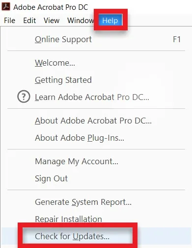 repair adobe reader check for updates