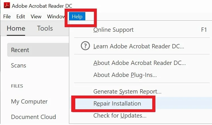 Repair installation in Adobe Reader