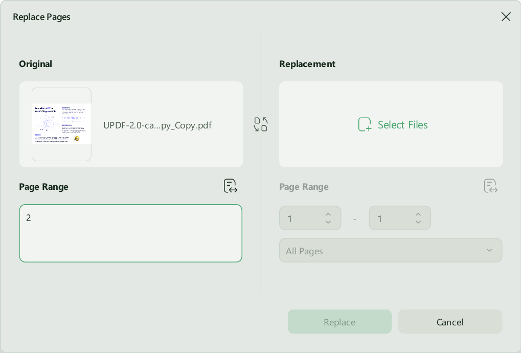 customize the page range to replace blank page with updf on windows