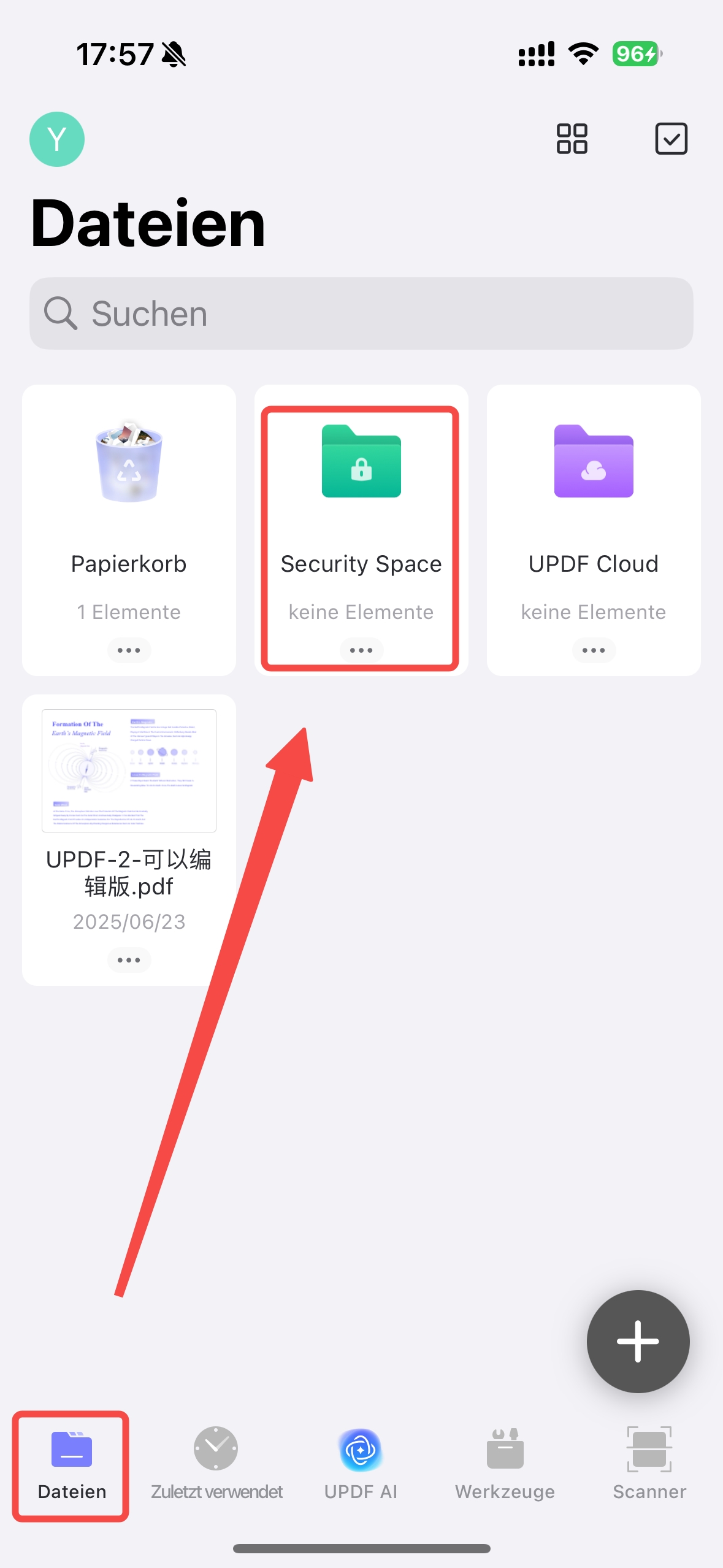 Klicke auf "Security Space" UPDF