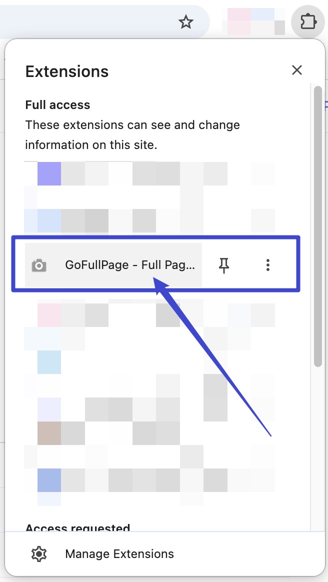 select gofullpage on extensions