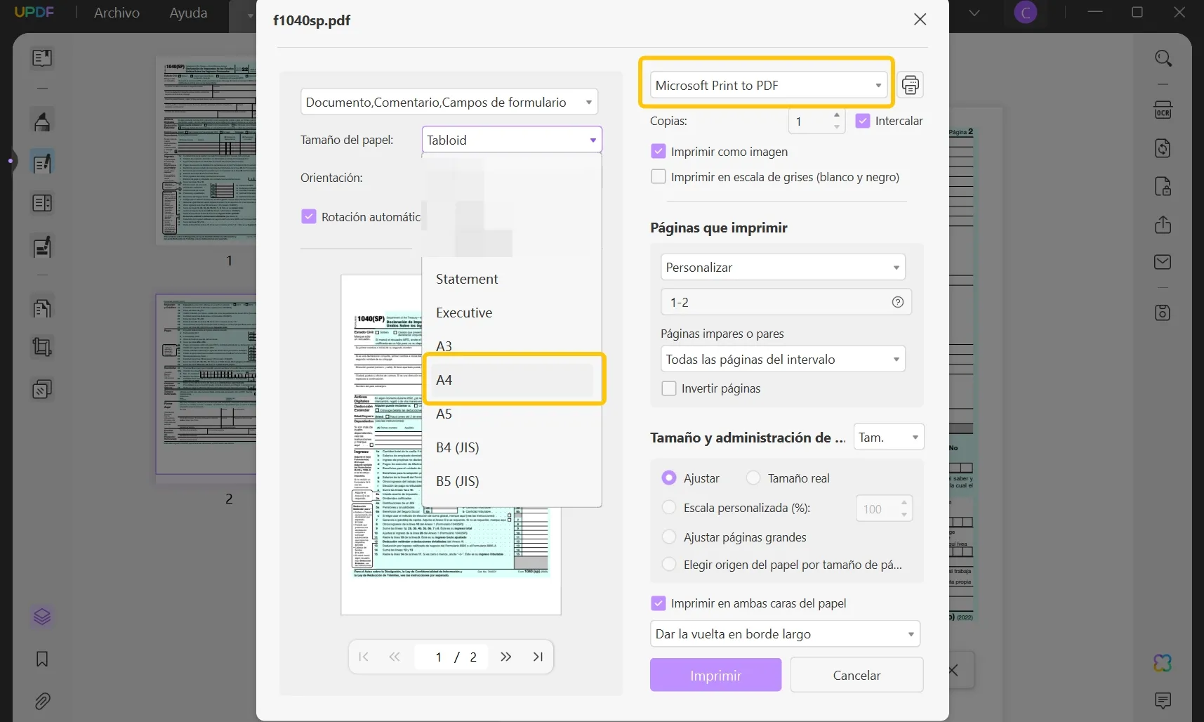 resize pdf to a4 paper size selection