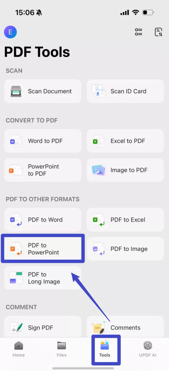 Tap "Tools" at the bottom and choose "PDF to PowerPoint"