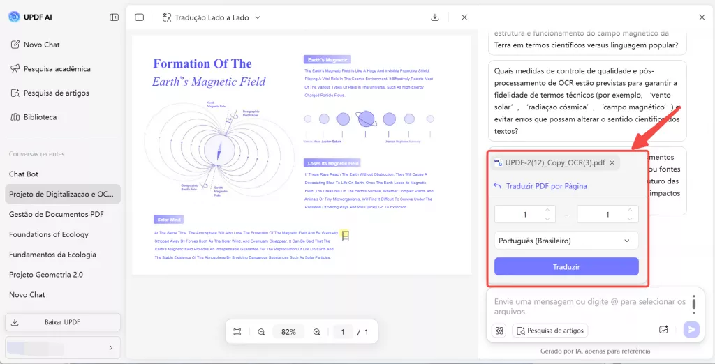 selecionar idioma e intervalo de páginas