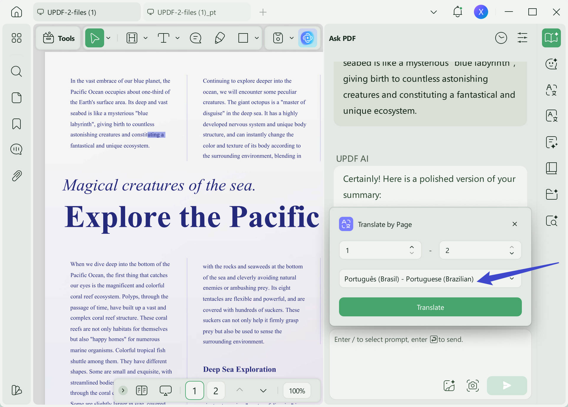 select translate by page to translate pdf