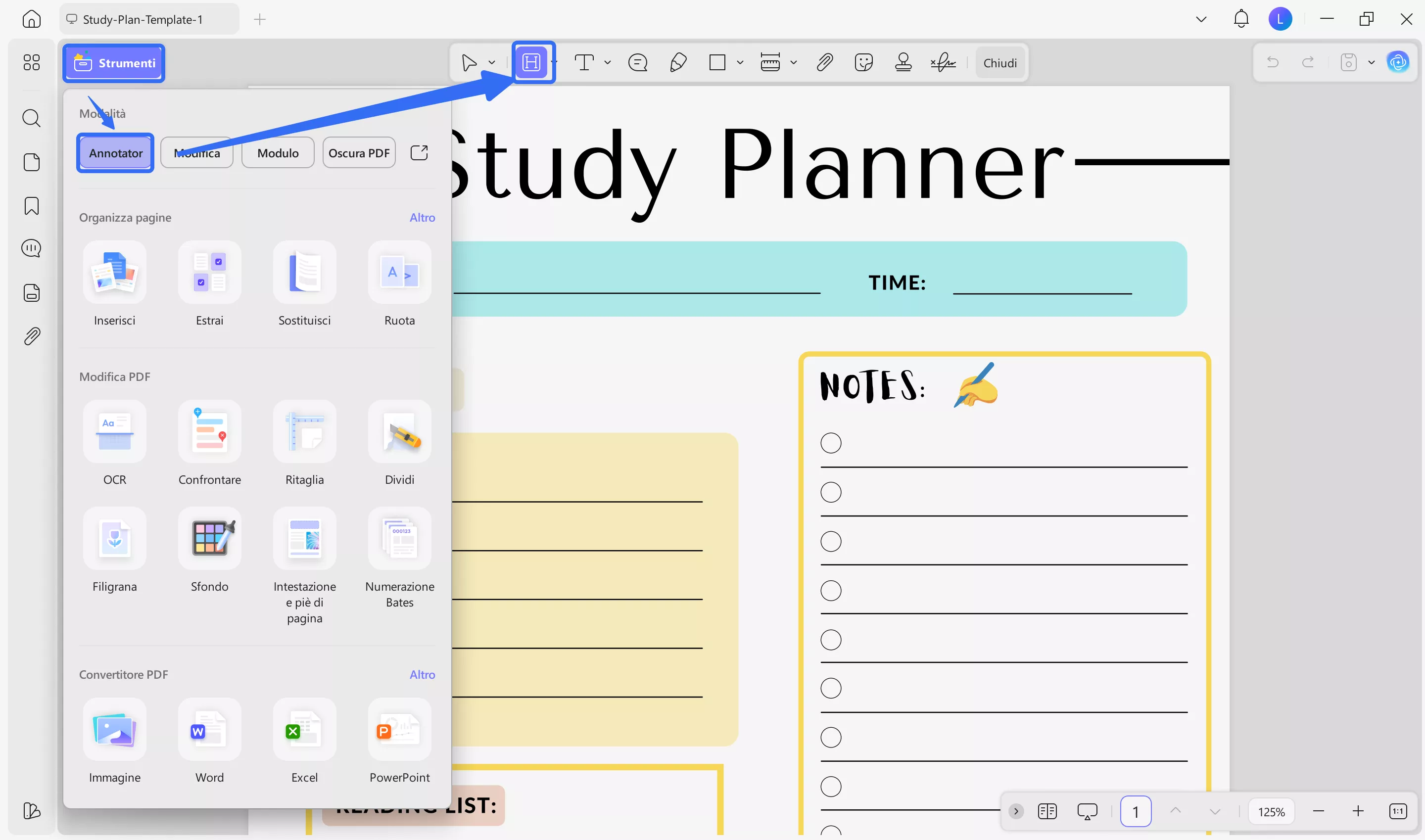 Annotate study plan template in UPDF