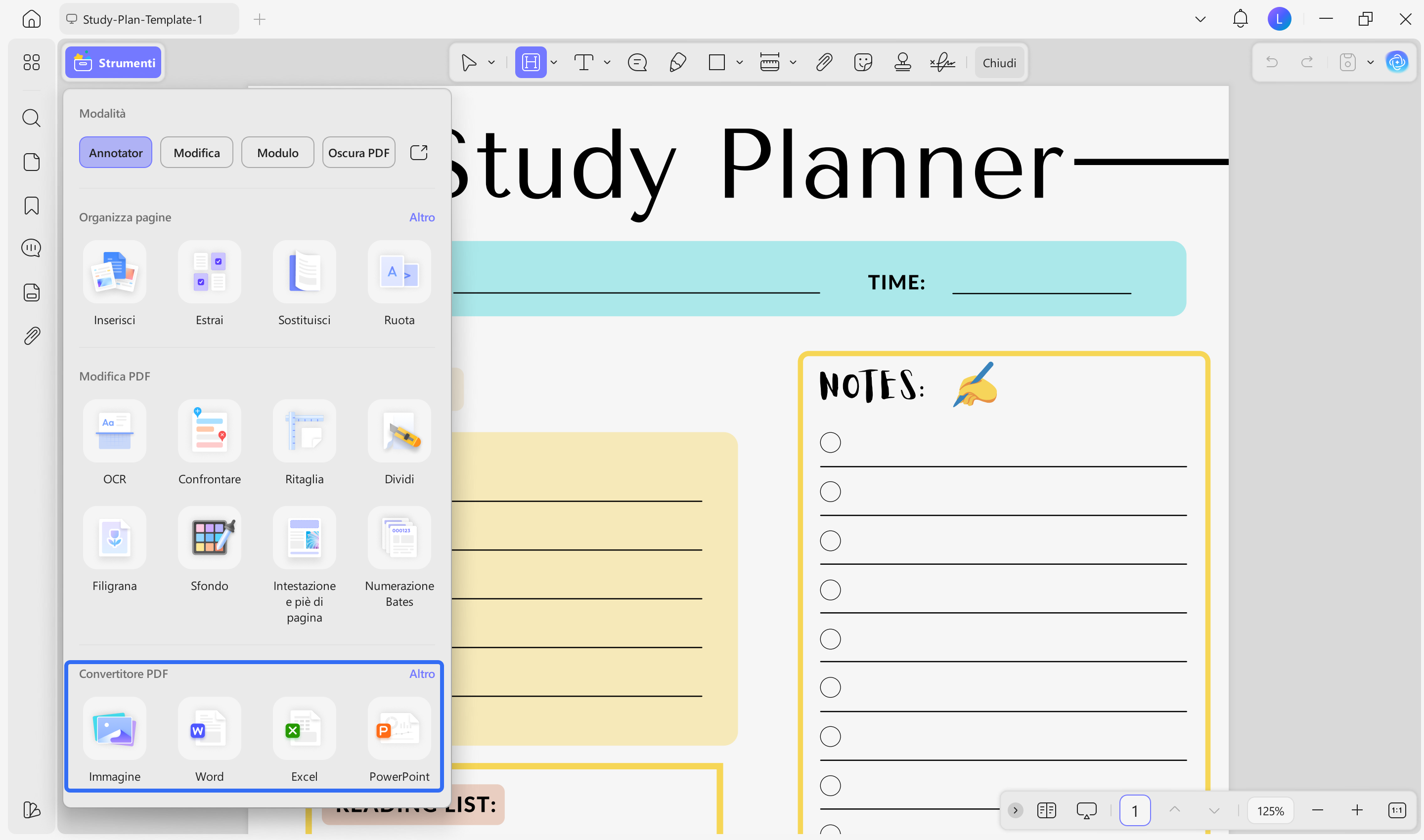 Export study plan template to word via UPDF