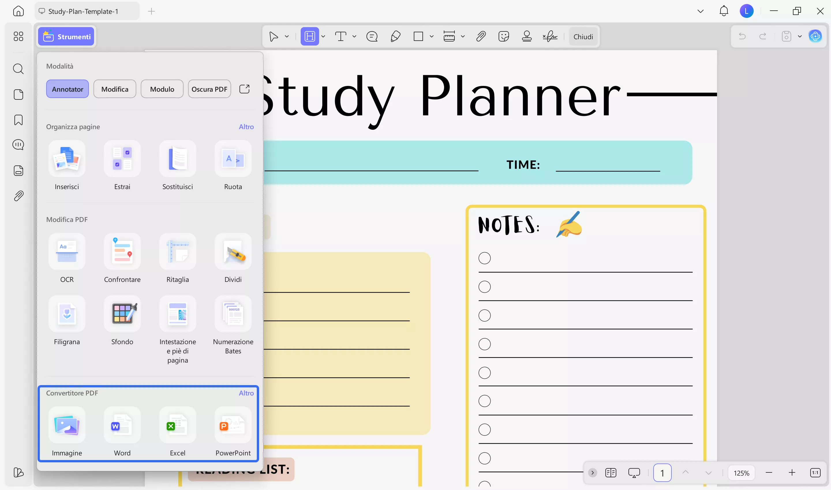 Export study plan template to word via UPDF
