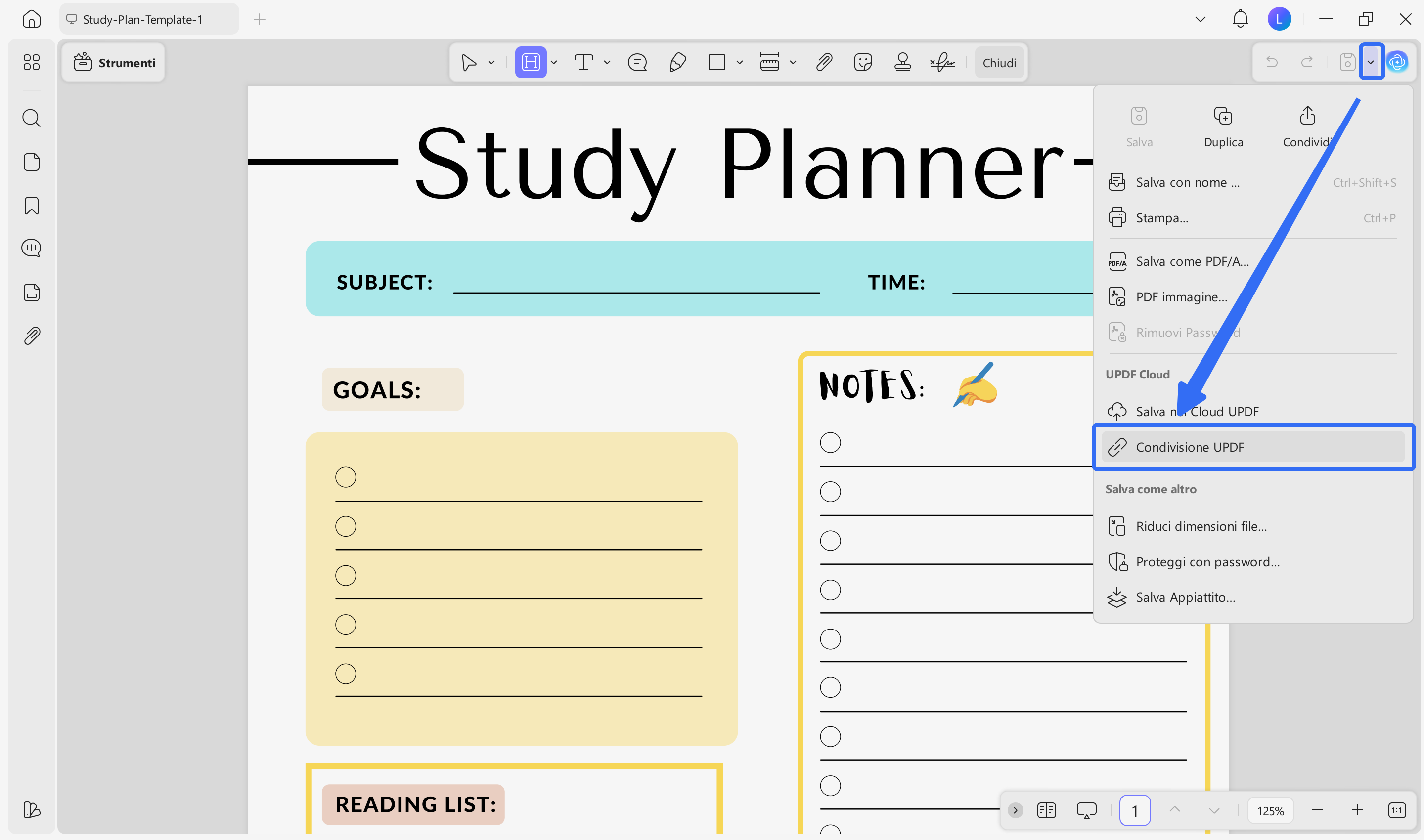 Share study plan templates with others via UPDF