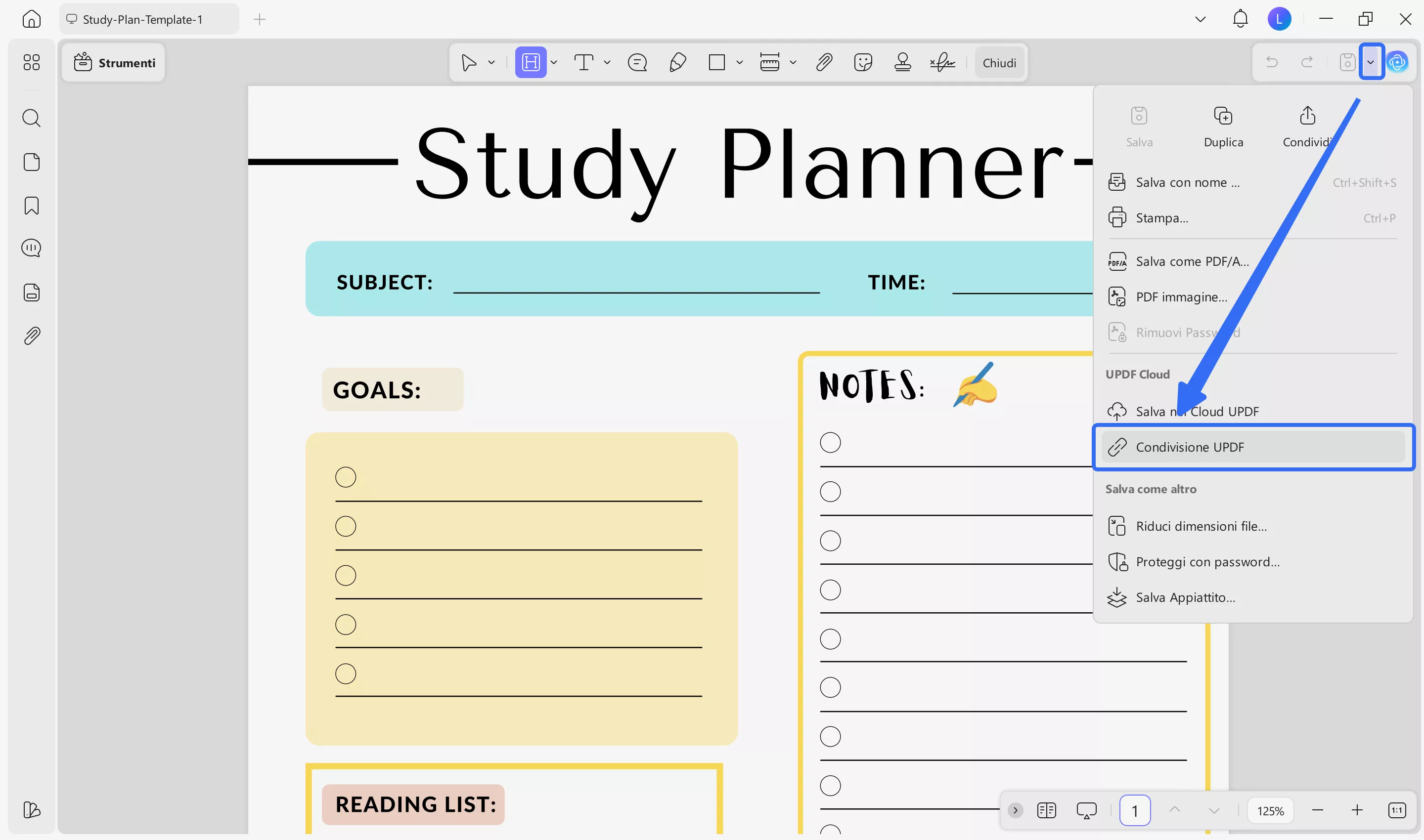 Share study plan templates with others via UPDF
