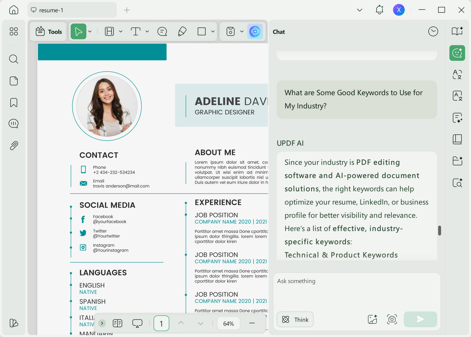 ai resume builder updf chat mode keywords