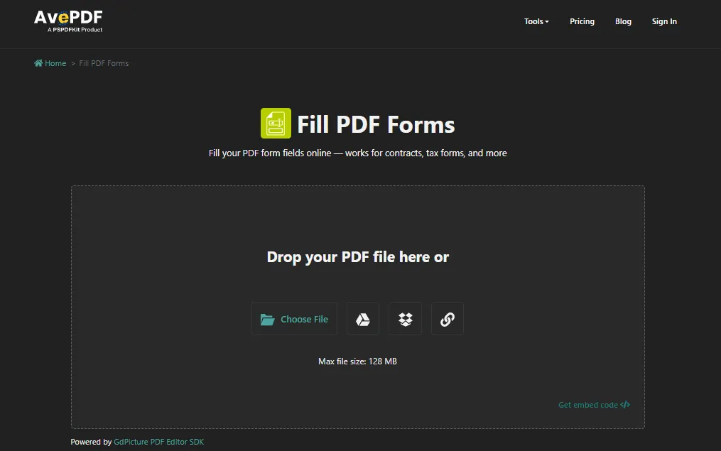 AvePDF online PDF filler ユーザーインタフェース