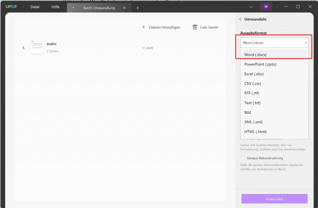 Batch arabic PDF in word umwandeln