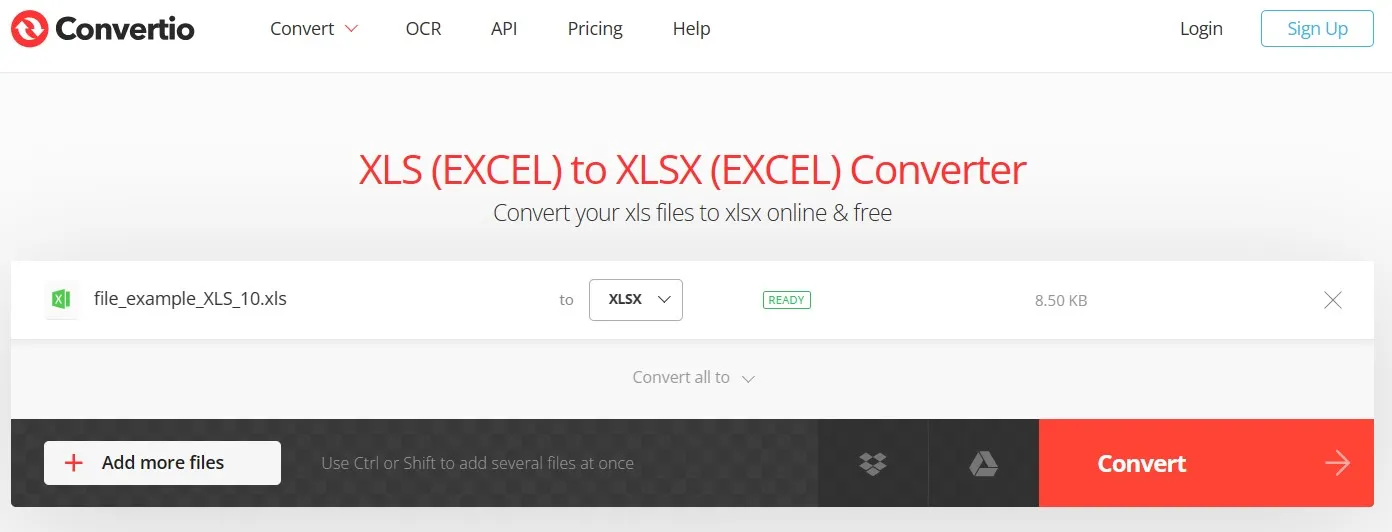 convert xls to xlsx convertio convert button