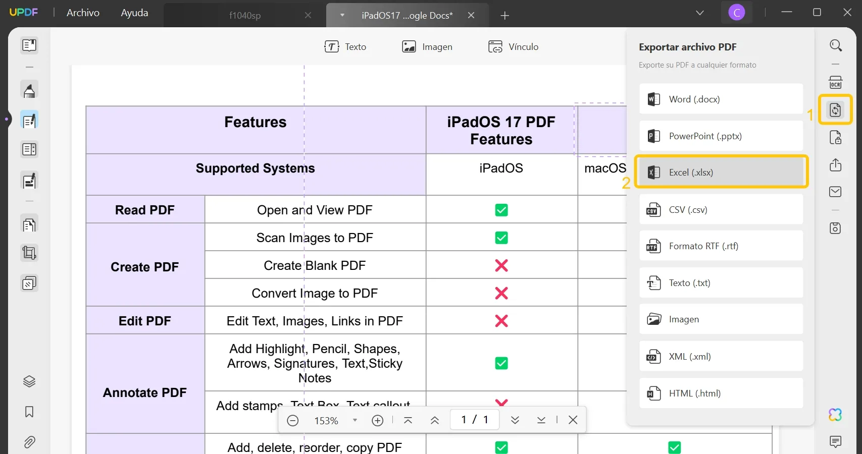 Export the PDF into Excel Format using UPDF