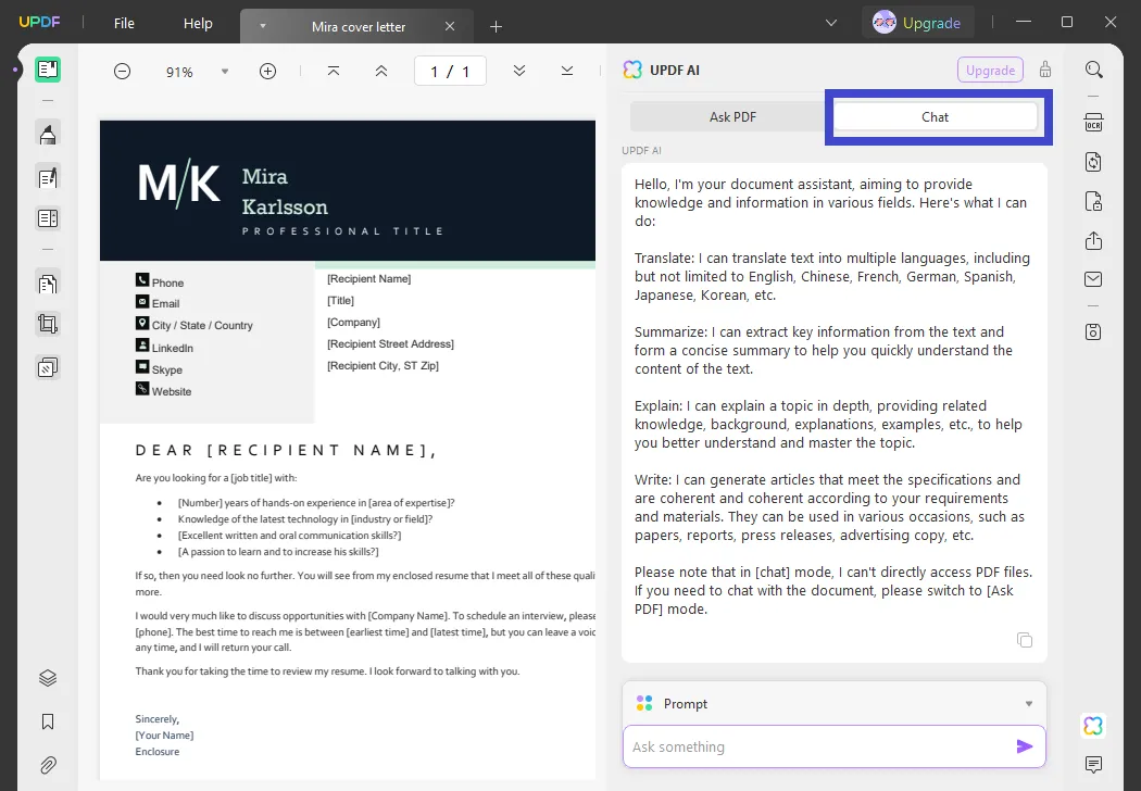 AI cover letter generator chat mode