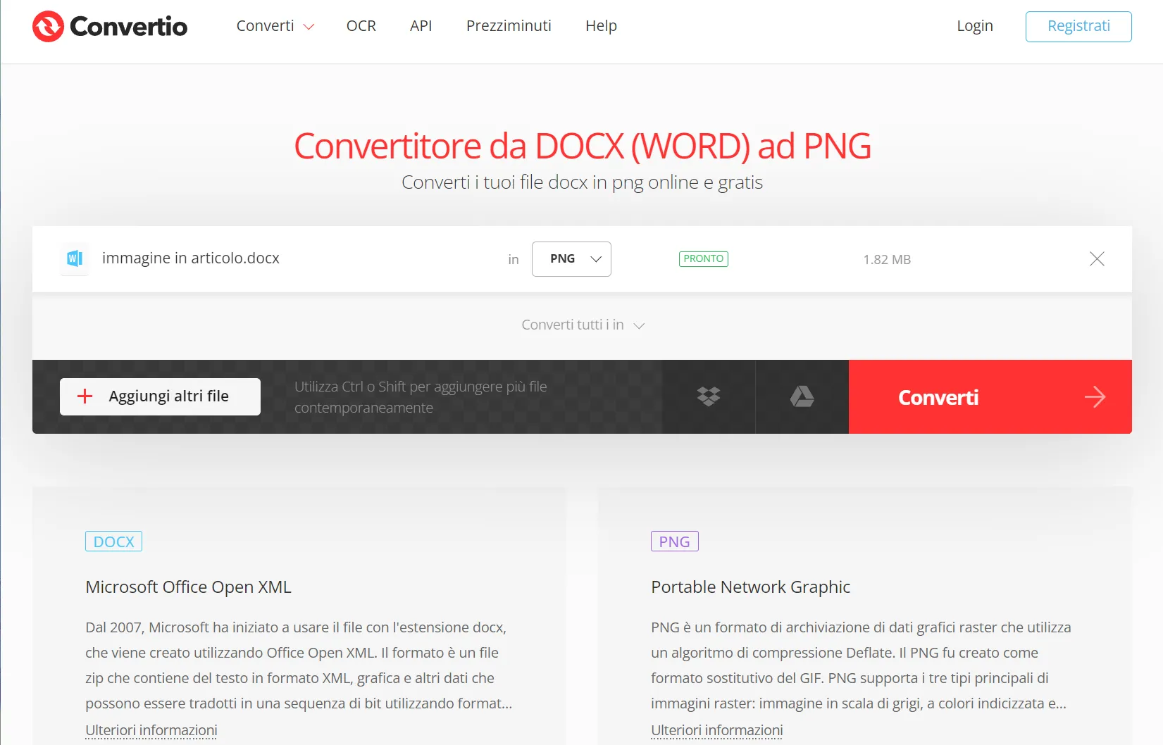 Convertire Word in PNG gratuitamente tramite Convertio