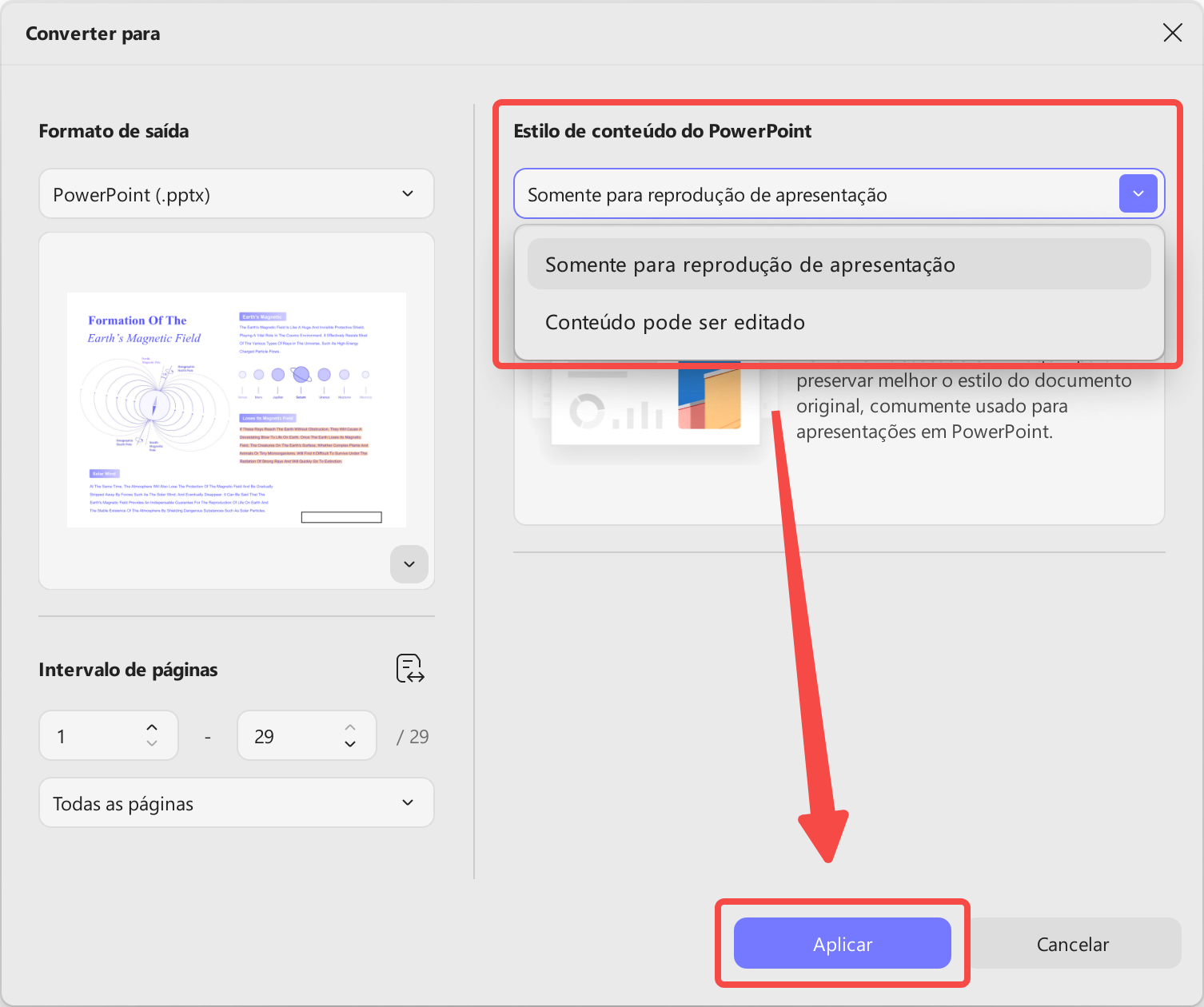 Estilo de conteúdo do PowerPoint