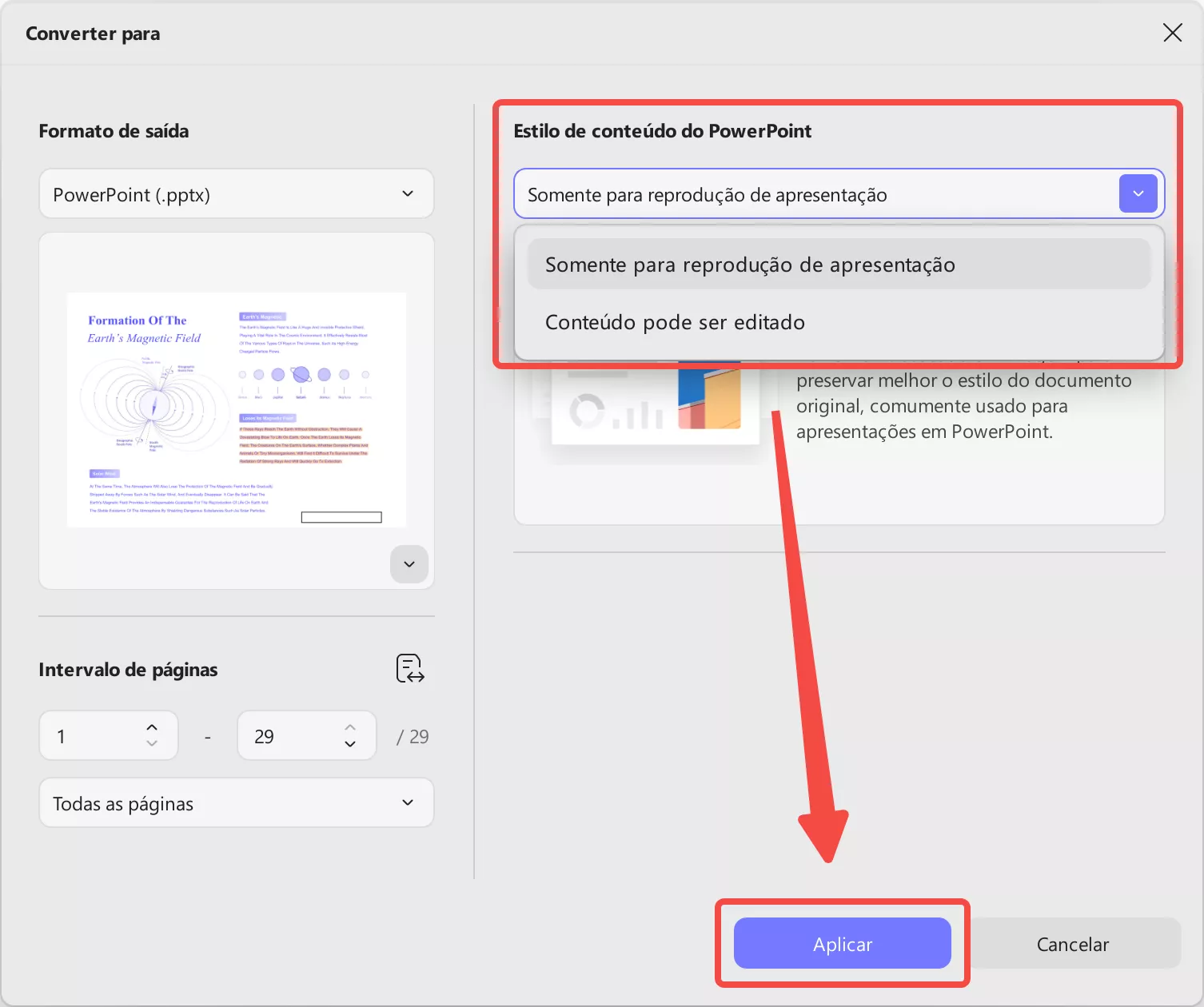 Estilo de conteúdo do PowerPoint