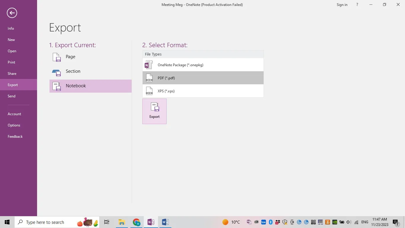 OneNote in PDF exportieren Exportieren